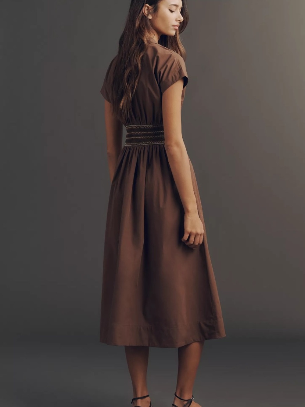 By Anthropologie Smocked Cotton Poplin Midi Dress Brown Size S - Picture 3 of 8